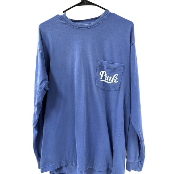 🍒 2/$20 🍒 Medium Blue Long Sleeve Crewneck Pink Shirt with Front Pocket Medium - Picture 1 of 5